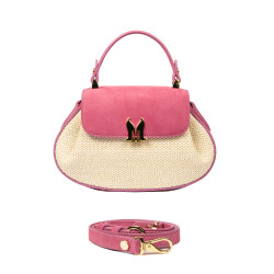 Damentasche Handtasche 042g Rosafarbenes Wildleder+Raffia