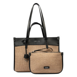 Damentasche Strand 045g 01 Schwarz Napa+Raffia Karamell