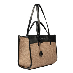 Damentasche Strand 045g 01 Schwarz Napa+Raffia Karamell
